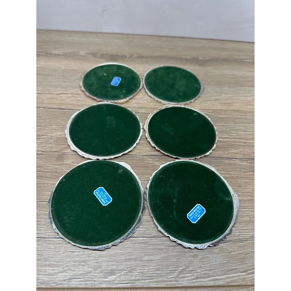 VTG Japan Silver Metal Green Enamel Wreath Red Bow Christmas Coasters Set of 6